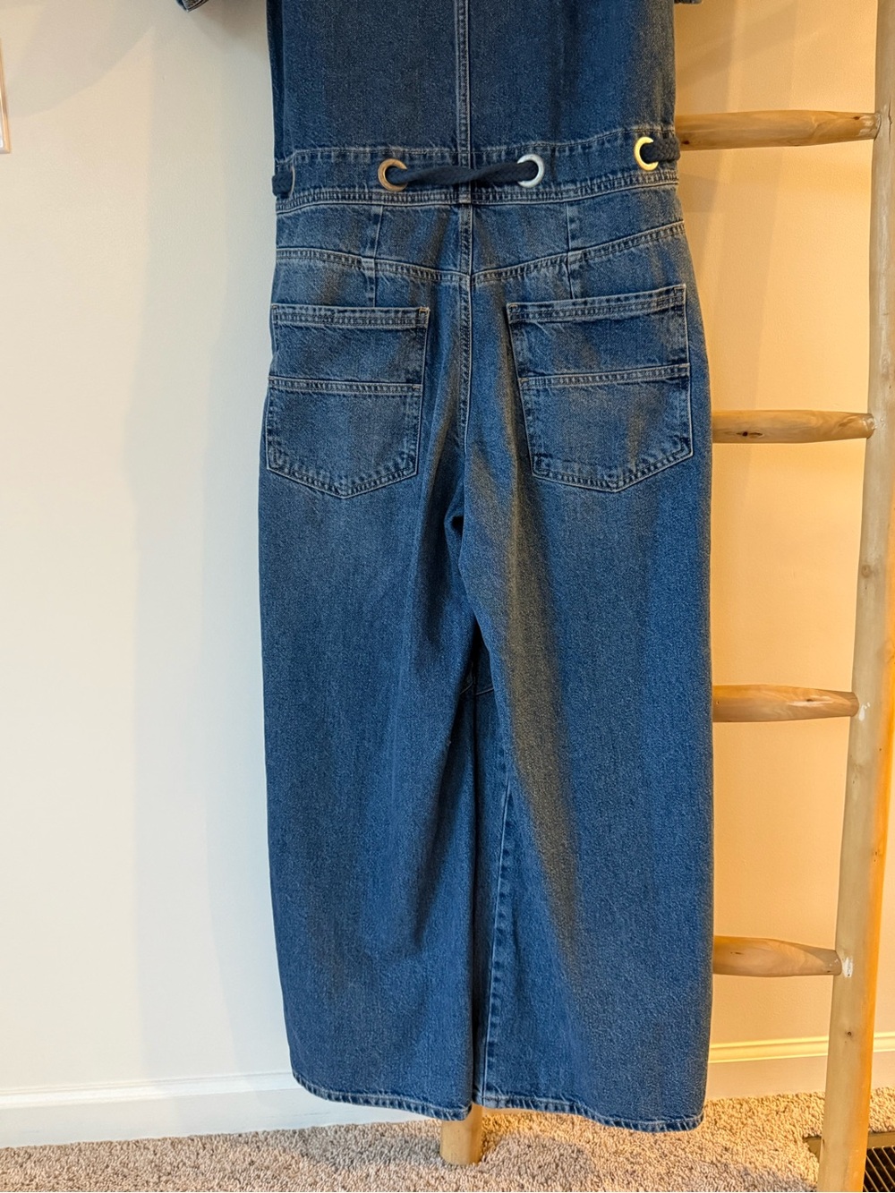 Free People We The Free Edison Wide Leg Coverall Boho Cape Blue Jumpsuit M NWOT - Picture 13 of 13